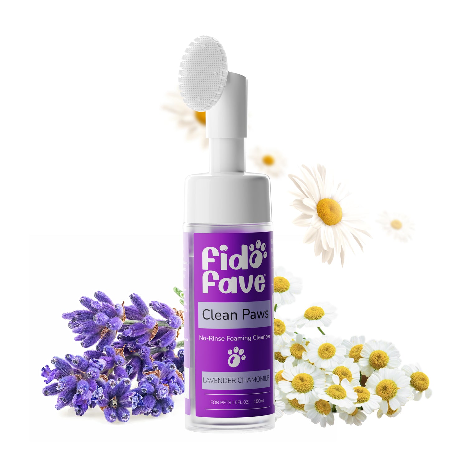 Fido Fave Clean Paws No-Rinse Foaming Cleanser with Silicone Brush for Dogs and Cats Gentle, pH Balanced, Lavender Chamomile Scent 5fl oz