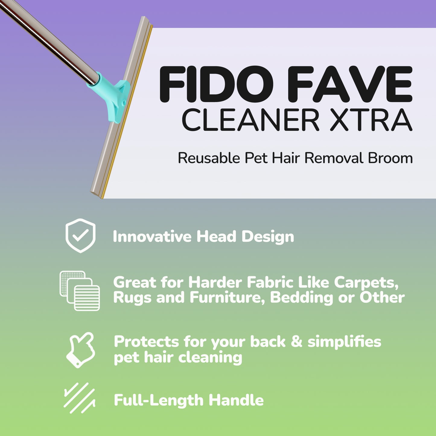 Fido Fave Xtra Pet Hair Removal Broom Reusable Carpet Rake with 131cm/ 51in Handle, Great for Dog and Cat Hair Remover