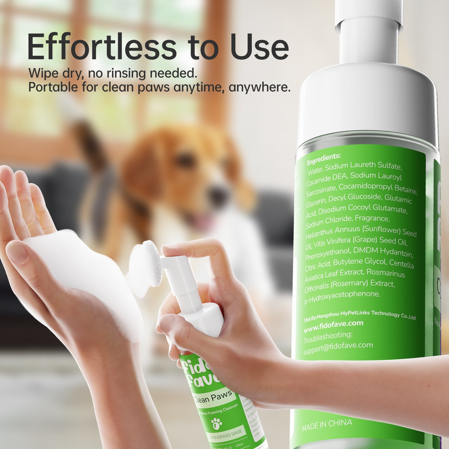 Fido Fave Clean Paws No Rinse Foaming Cleanser with Silicone Brush for Dogs and Cats Gentle, pH Balanced, Lemongrass Sage Scent 5fl oz