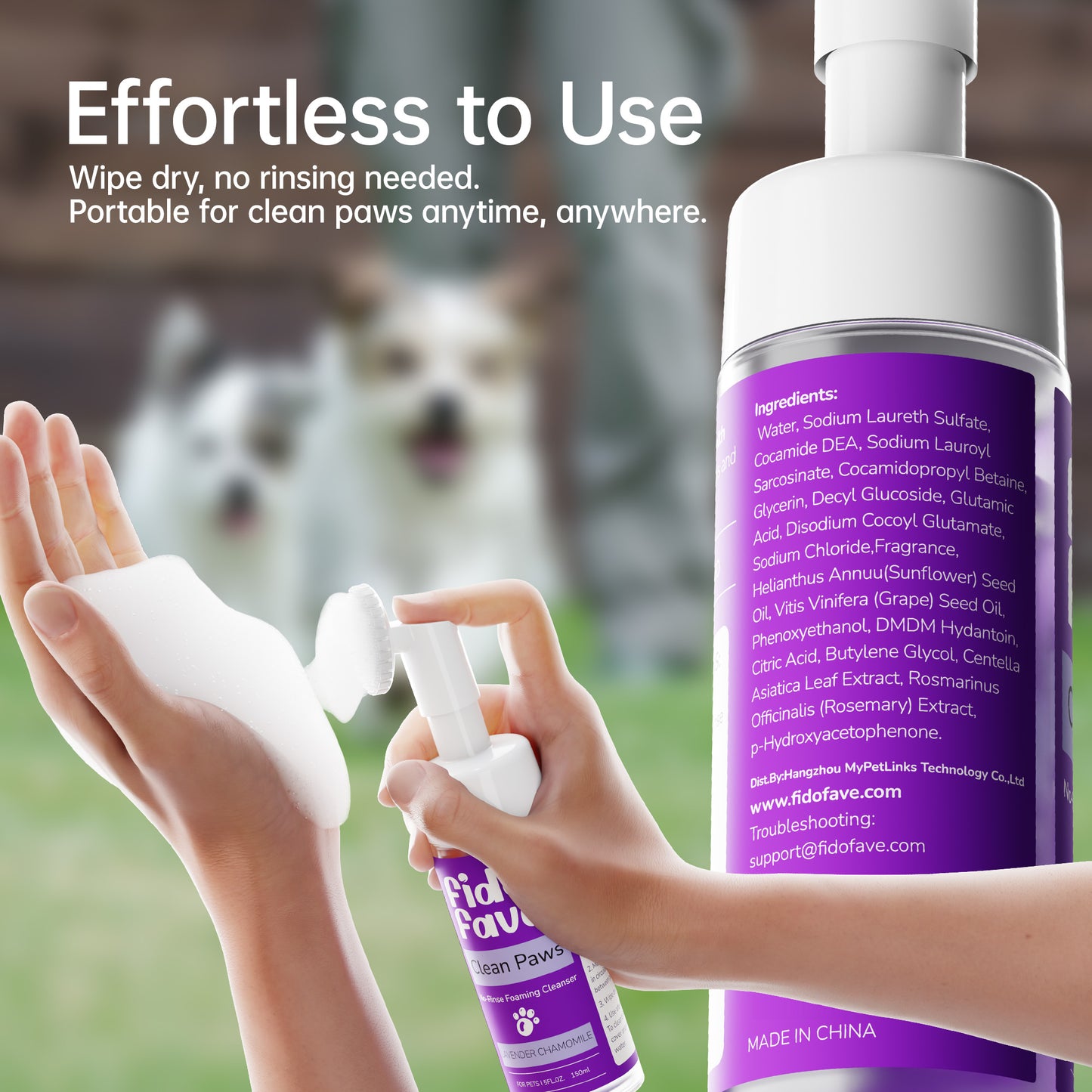 Fido Fave Clean Paws No-Rinse Foaming Cleanser with Silicone Brush for Dogs and Cats Gentle, pH Balanced, Lavender Chamomile Scent 5fl oz