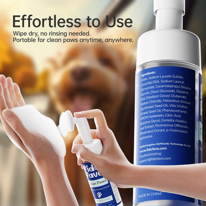 Fido Fave Clean Paws No-Rinse Foaming Cleanser with Silicone Brush for Dogs and Cat Gentle, pH Balanced, Fragrance-Free 5fl oz