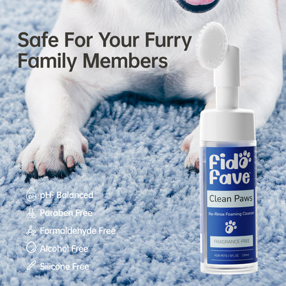 Fido Fave Clean Paws No-Rinse Foaming Cleanser with Silicone Brush for Dogs and Cat Gentle, pH Balanced, Fragrance-Free 5fl oz