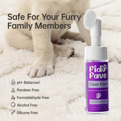 Fido Fave Clean Paws No-Rinse Foaming Cleanser with Silicone Brush for Dogs and Cats Gentle, pH Balanced, Lavender Chamomile Scent 5fl oz