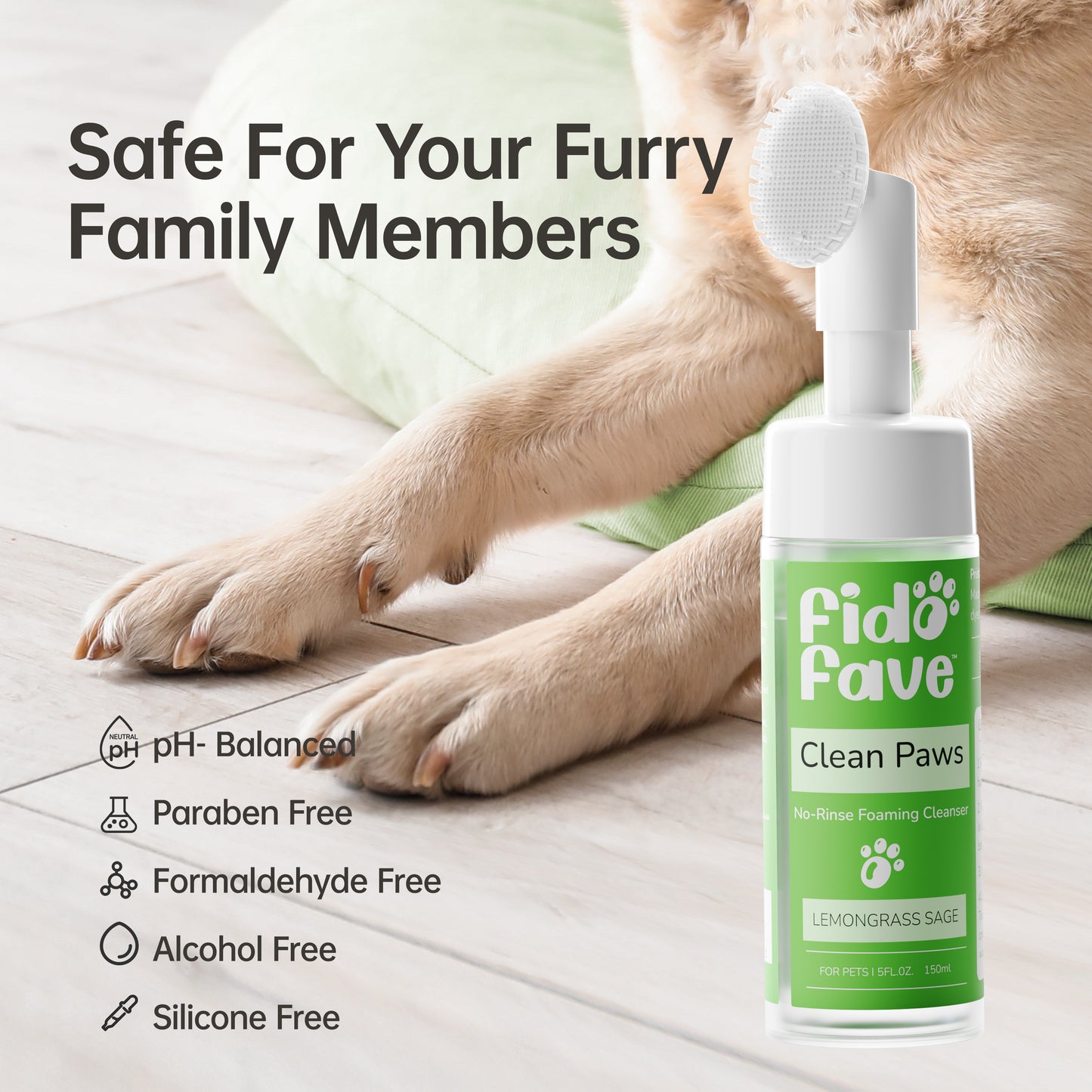 Fido Fave Clean Paws No Rinse Foaming Cleanser with Silicone Brush for Dogs and Cats Gentle, pH Balanced, Lemongrass Sage Scent 5fl oz