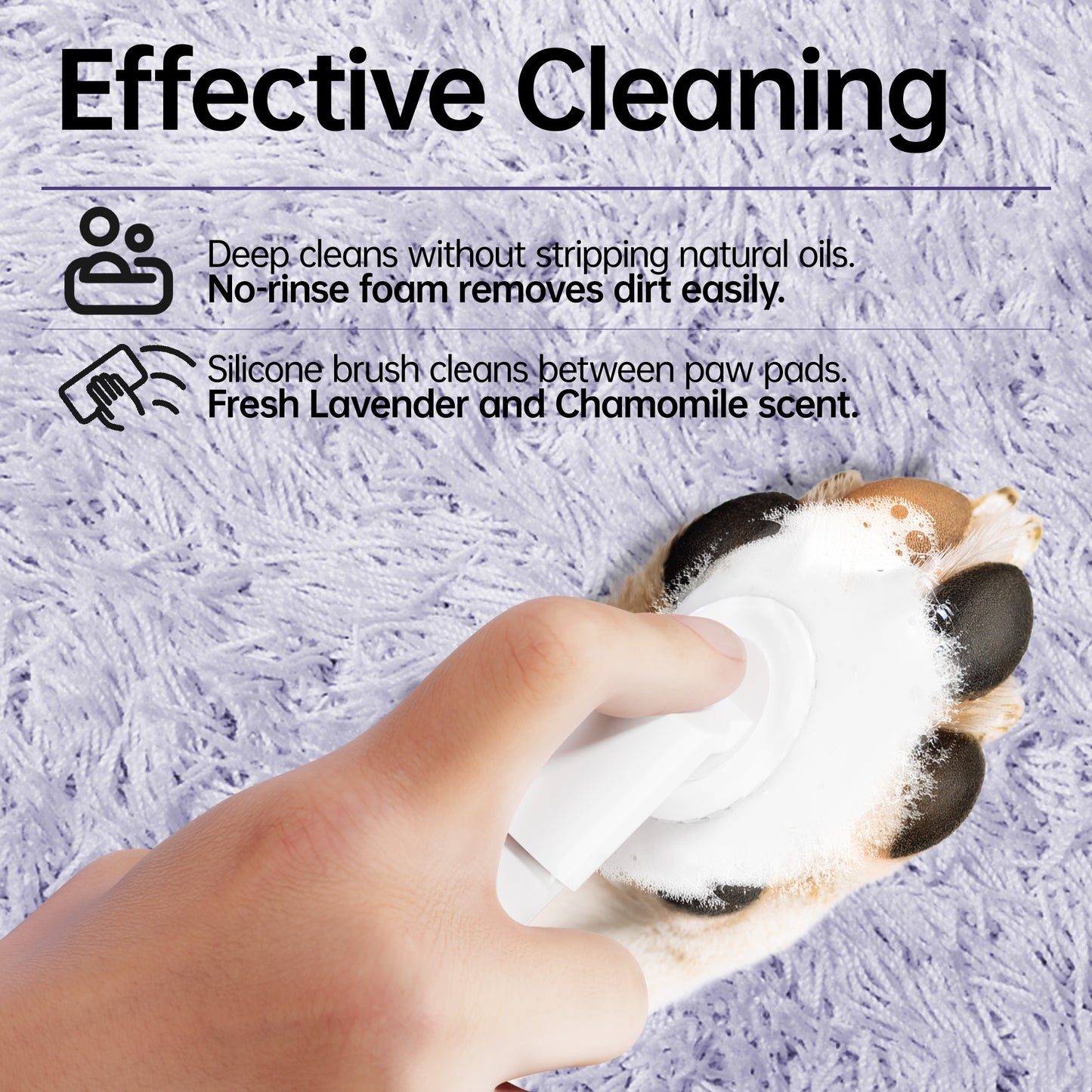 Fido Fave Clean Paws No-Rinse Foaming Cleanser with Silicone Brush for Dogs and Cats Gentle, pH Balanced, Lavender Chamomile Scent 5fl oz