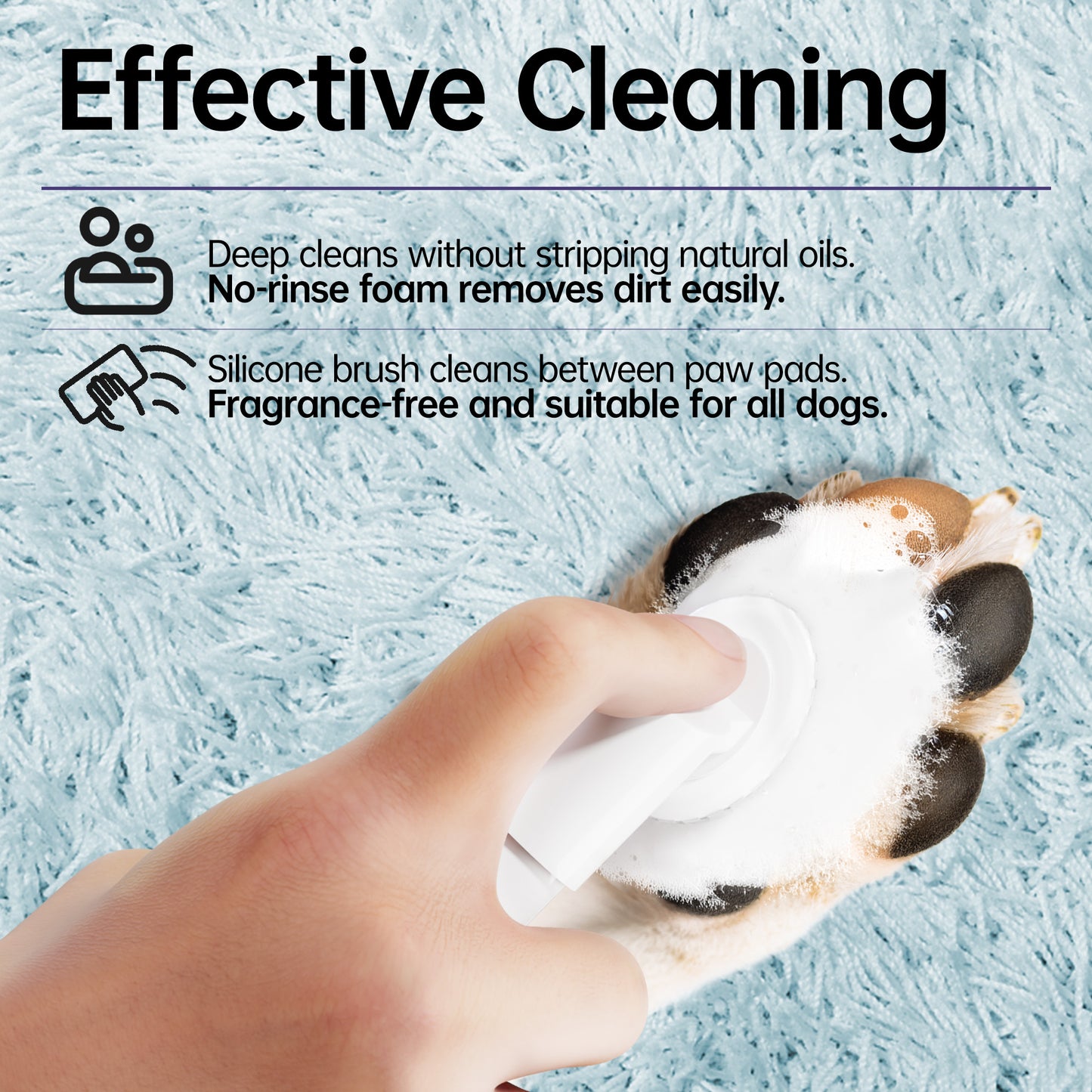 Fido Fave Clean Paws No-Rinse Foaming Cleanser with Silicone Brush for Dogs and Cat Gentle, pH Balanced, Fragrance-Free 5fl oz