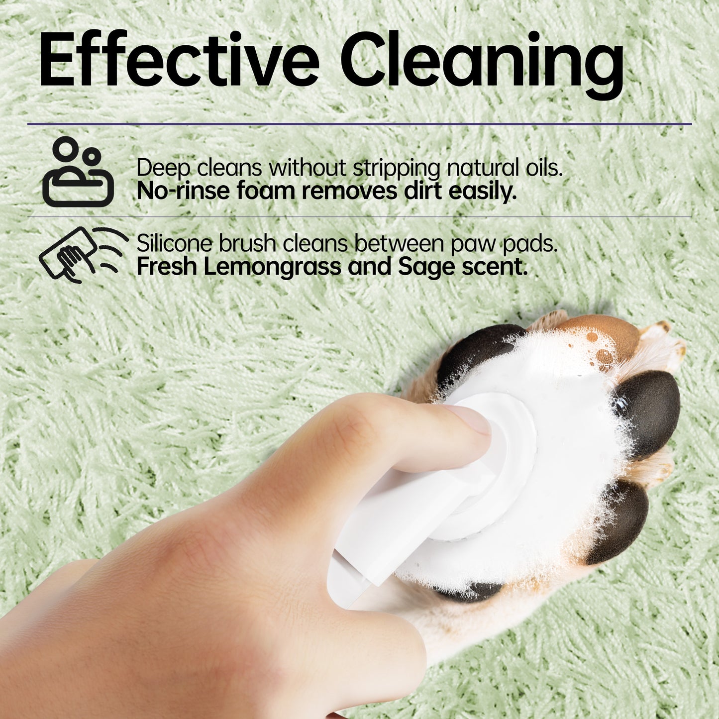 Fido Fave Clean Paws No Rinse Foaming Cleanser with Silicone Brush for Dogs and Cats Gentle, pH Balanced, Lemongrass Sage Scent 5fl oz