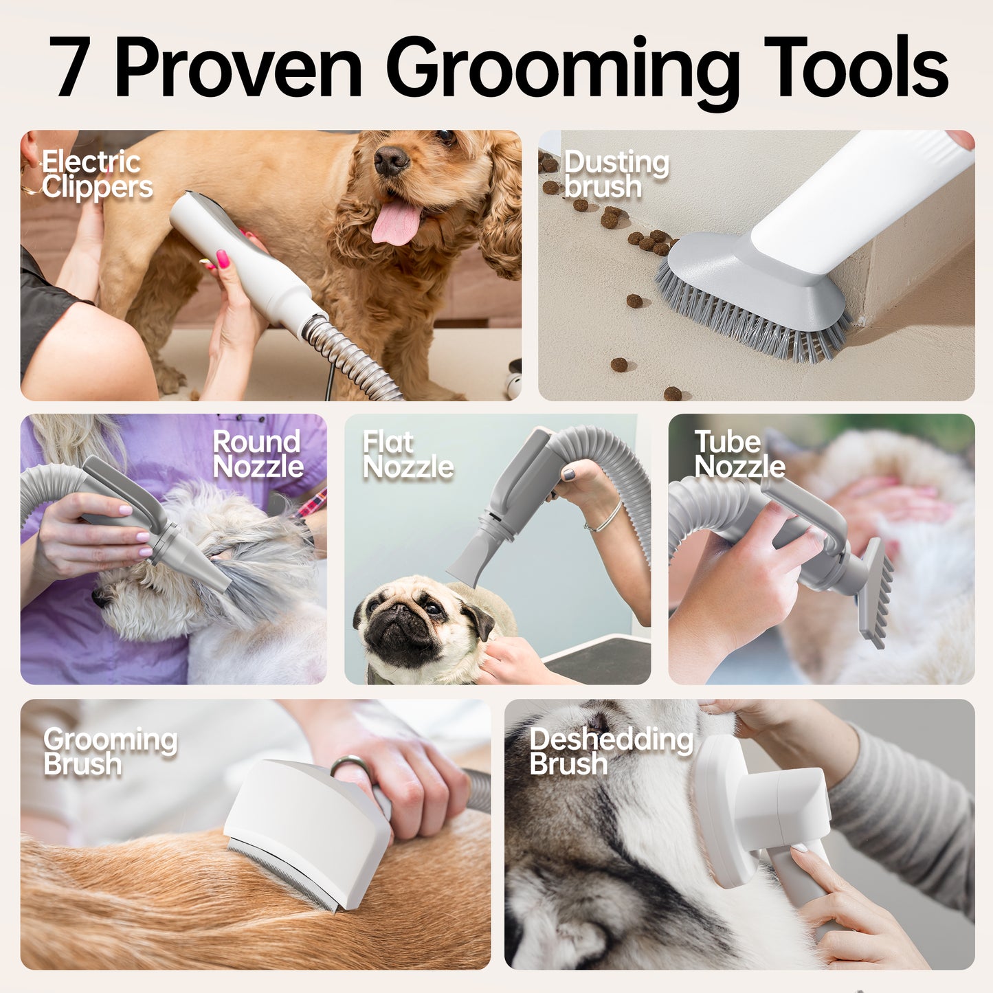 FIDOFAVE Grooming Aseo para perros y gatos de alta velocidad Succión por soplado todo en uno con 7 herramientas de aseo probadas