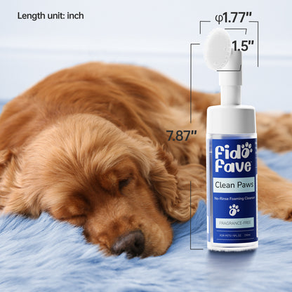 Fido Fave Clean Paws No-Rinse Foaming Cleanser with Silicone Brush for Dogs and Cat Gentle, pH Balanced, Fragrance-Free 5fl oz