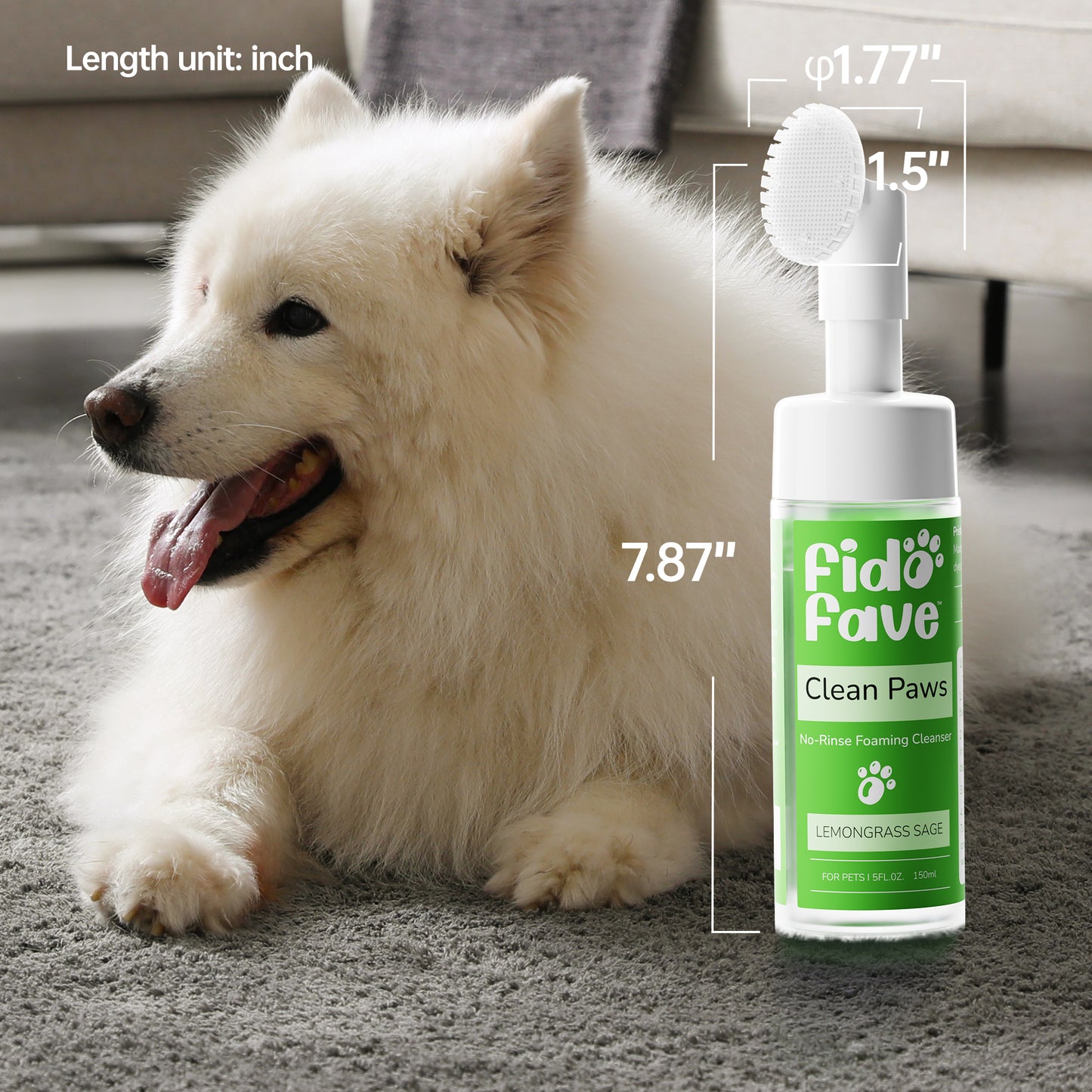 Fido Fave Clean Paws No Rinse Foaming Cleanser with Silicone Brush for Dogs and Cats Gentle, pH Balanced, Lemongrass Sage Scent 5fl oz