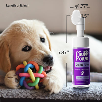 Fido Fave Clean Paws No-Rinse Foaming Cleanser with Silicone Brush for Dogs and Cats Gentle, pH Balanced, Lavender Chamomile Scent 5fl oz