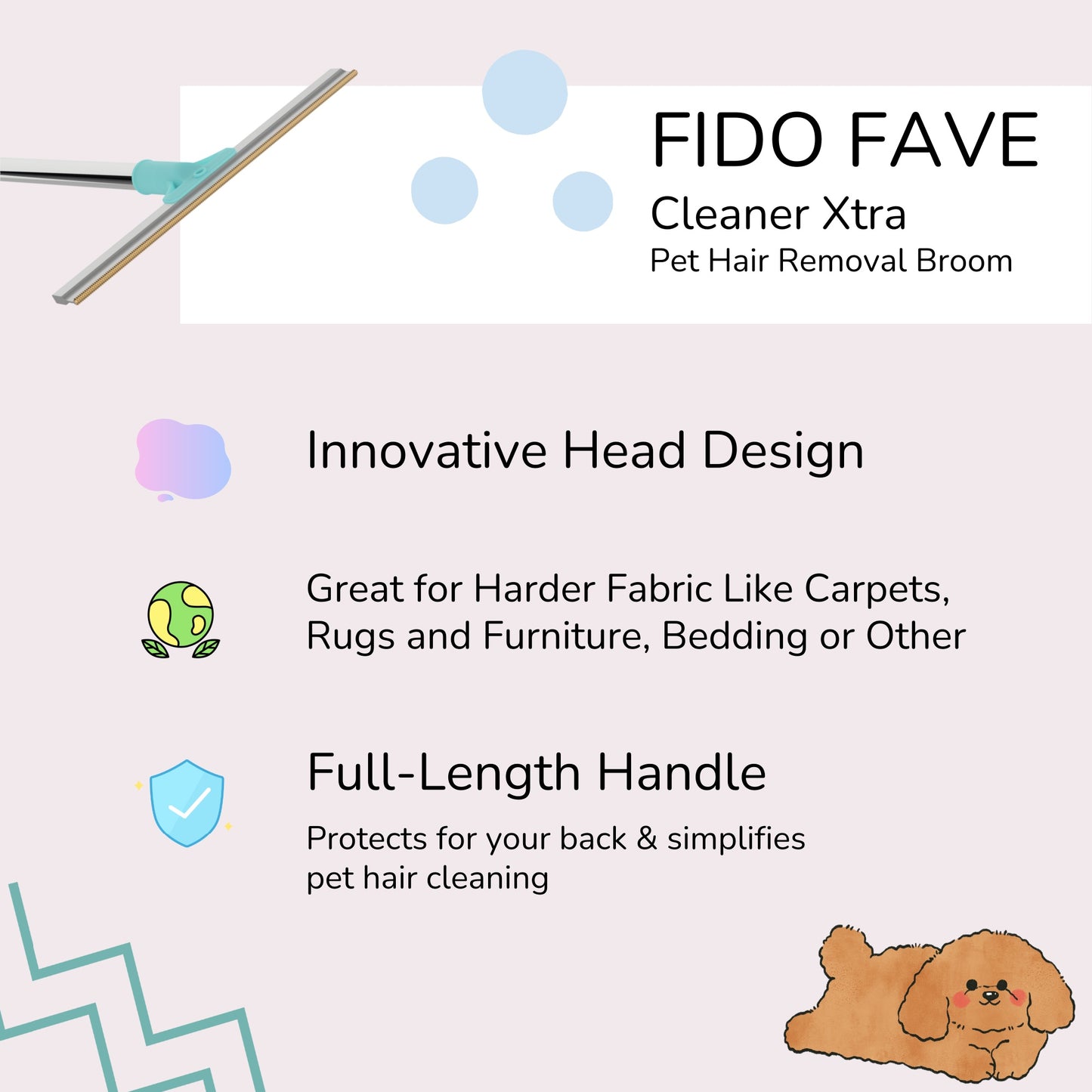 Fido Fave Xtra Pet Hair Removal Broom Reusable Carpet Rake with 131cm/ 51in Handle, Great for Dog and Cat Hair Remover