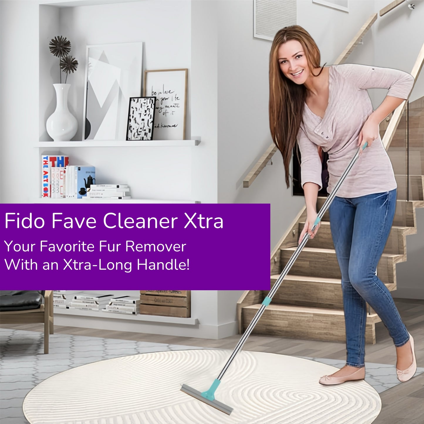 Fido Fave Xtra Pet Hair Removal Broom Reusable Carpet Rake with 131cm/ 51in Handle, Great for Dog and Cat Hair Remover